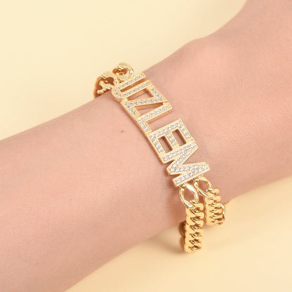 Double Chain with Rhinestones Gold Plated Personalized Custom Name Bracelet