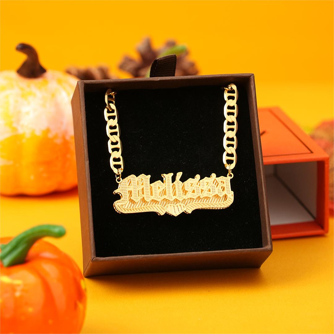 Double Plate Love Heart Personalized Custom Old English Font Gold Plated Name Necklace