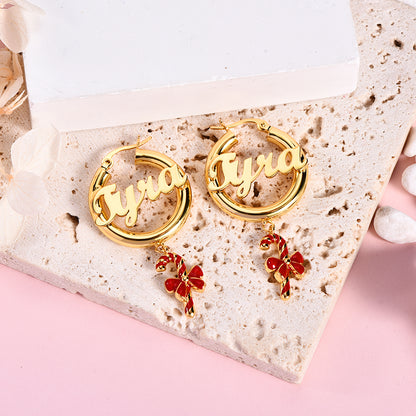 30mm Personalized Gold Plated Hoop Name Earrings with Candy Cane