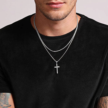 Double Layer Rope Chain Cross Pendant Necklace for Men Women-silviax