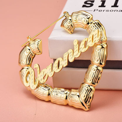 Heart Bamboo Gold Plated Personalized Custom Name Bamboo Earrings