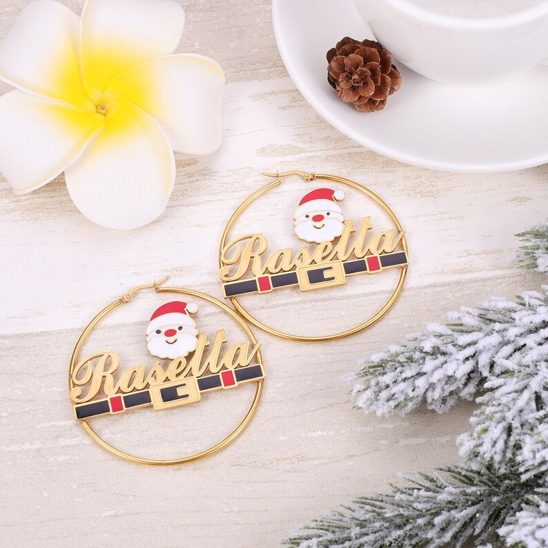 Cartoon Christmas Father Santa Nameplate Hoop Earrings Gold Plated Name Earrings