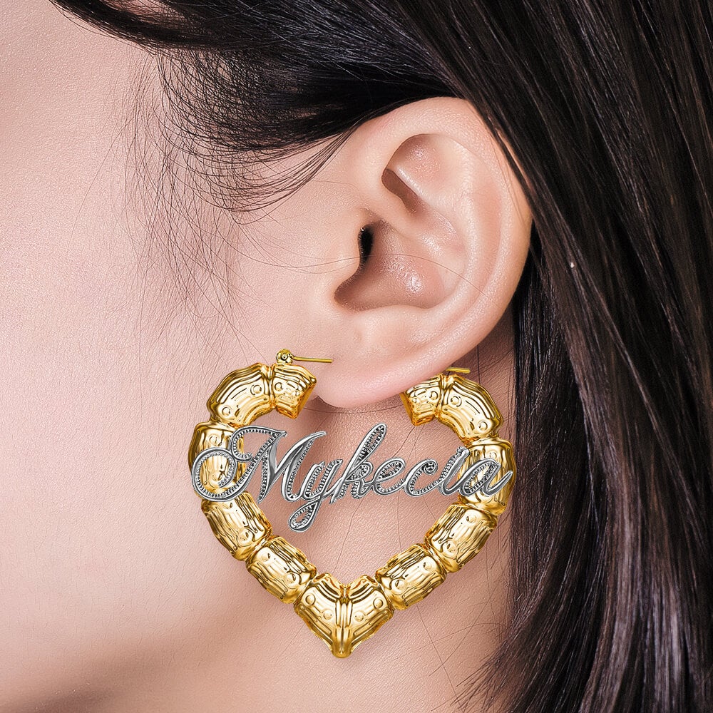 Two Tone Heart Bamboo Earrings Personalized Custom Gold Plated Name Earrings-silviax