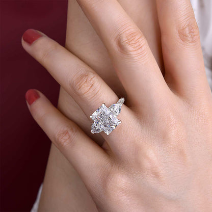 Luxurious Radiant Cut &amp; Heart Cut Three Stone Engagement Ring In Sterling Silver-Maxinejewelry