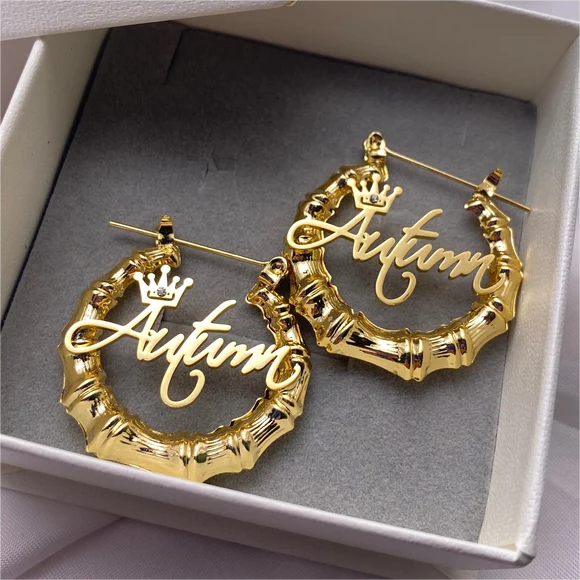 Princess Crown Nameplate Personalized Custom Gold Plated Bamboo Name Earrings Kids Gift