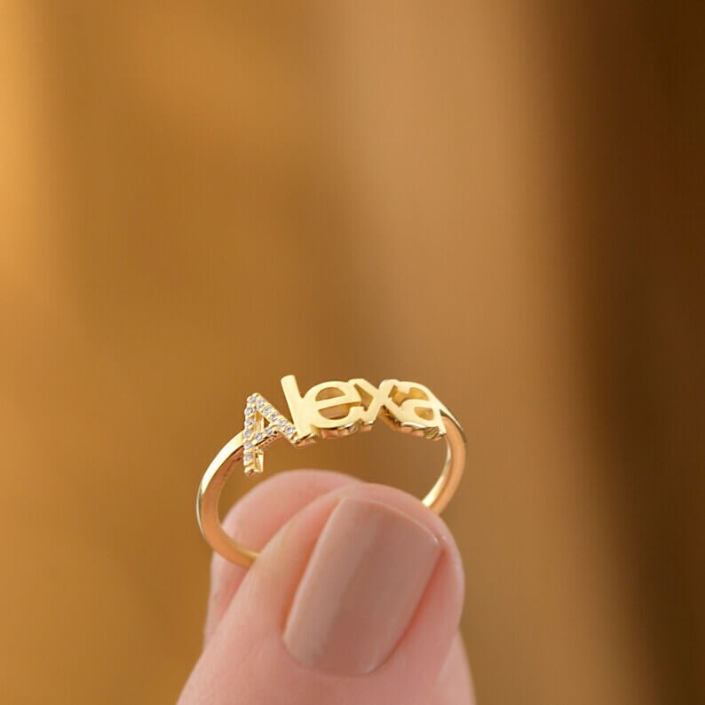 Initials Inlaid Zircon Personalized Custom Gold Plated Name Ring-silviax