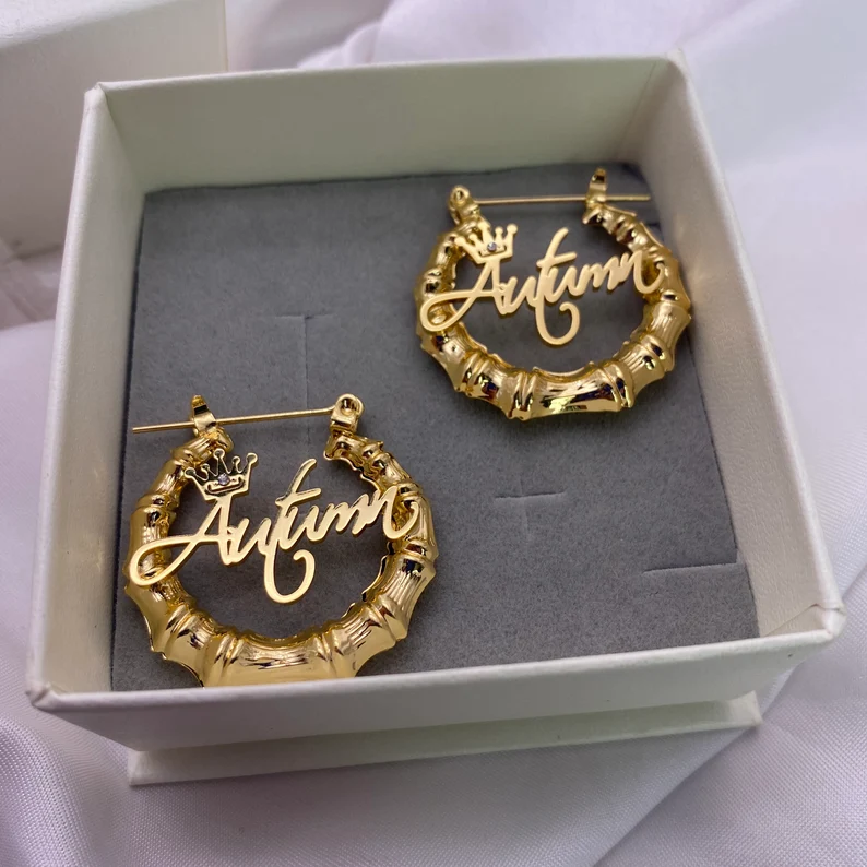 Princess Crown Nameplate Personalized Custom Gold Plated Bamboo Name Earrings Kids Gift