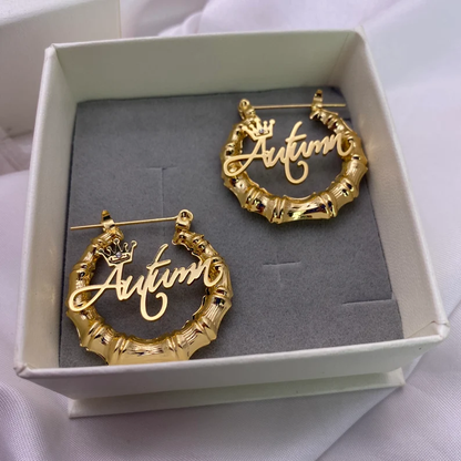 Princess Crown Nameplate Personalized Custom Gold Plated Bamboo Name Earrings Kids Gift