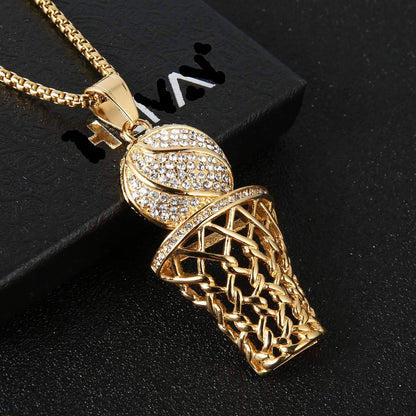 Basketball Rim Inlay Zircon Pendant Gold Plated Necklace Hip Hop Style Jewelry-silviax