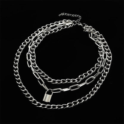 Layered Chain Lock Pendant White Gold Plated Necklace Punk Goth Choker Jewelry-silviax