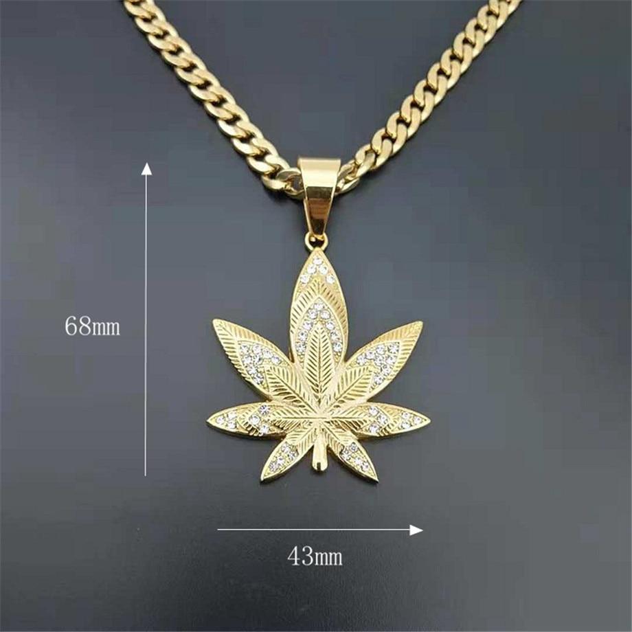 Hemp Leaf Pendant Necklace with Rhinestones Gold Plated Jewelry Gift for Men Dad