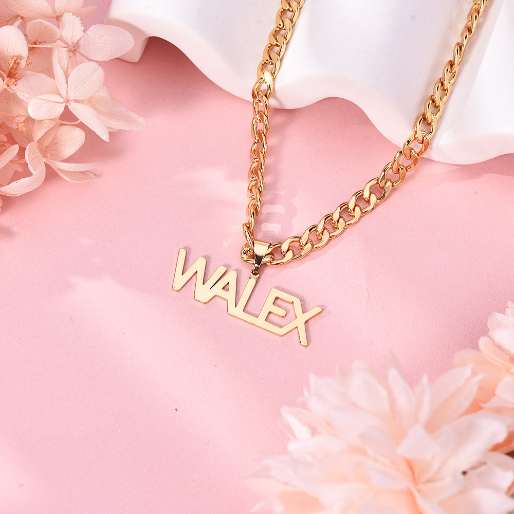 Capital Letter Nameplate Pendant Personalized Custom Name Necklace  6mm Cuban Chain-silviax