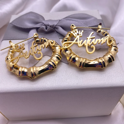 Princess Crown Nameplate Personalized Custom Gold Plated Bamboo Name Earrings Kids Gift