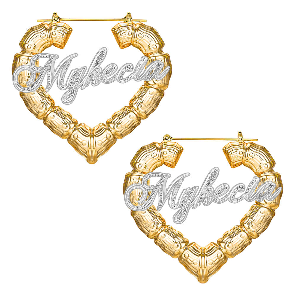 Two Tone Heart Bamboo Earrings Personalized Custom Gold Plated Name Earrings