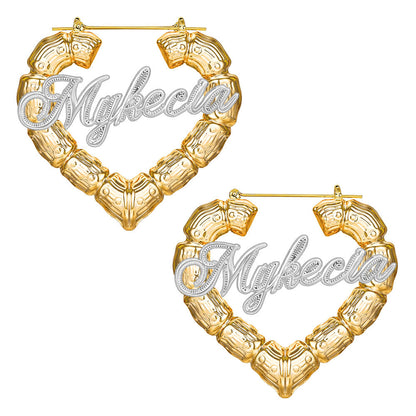 Two Tone Heart Bamboo Earrings Personalized Custom Gold Plated Name Earrings