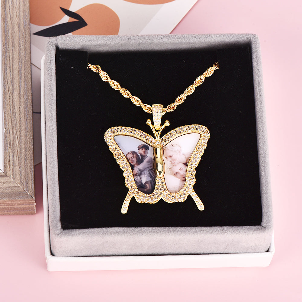 Butterfly Shaped Personalized Gold Plated Two Photo Necklace-silviax