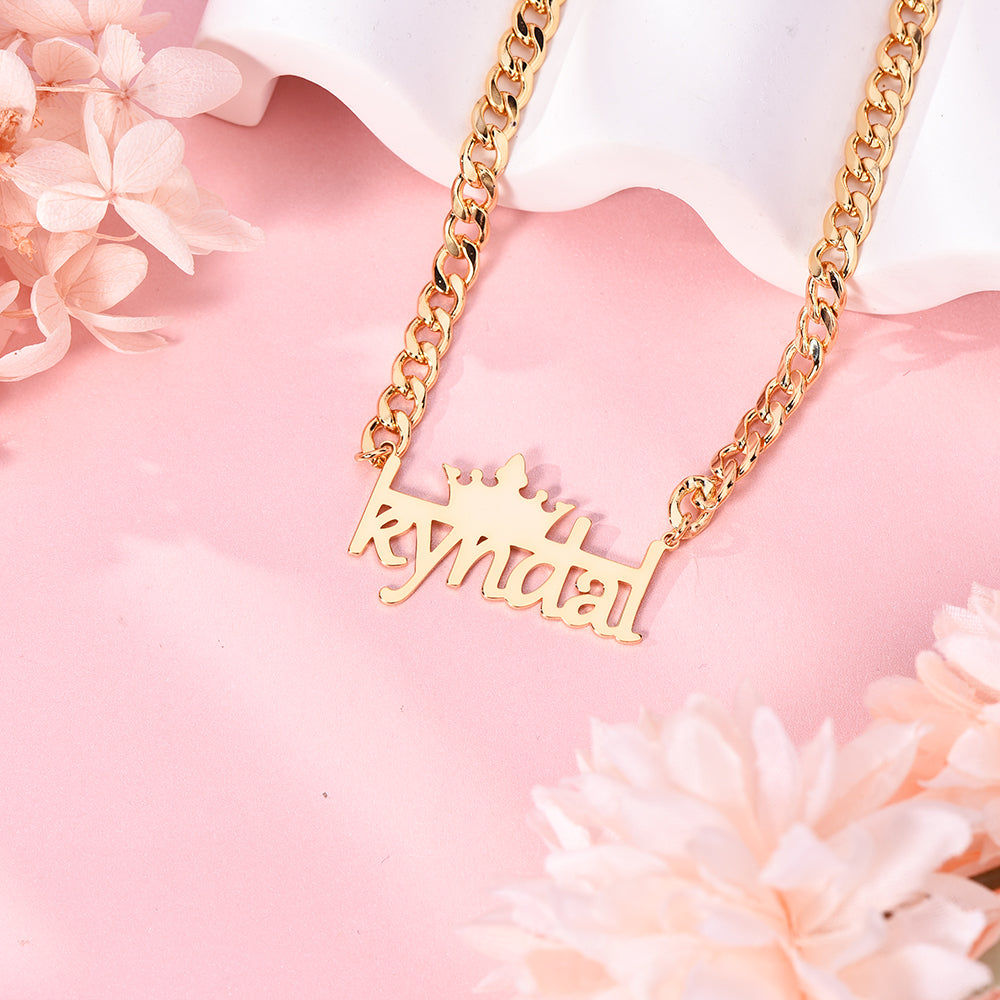 Crown And Horizontal Line With Cuban Chain Personalized Custom Gold Plated Name Necklace-silviax