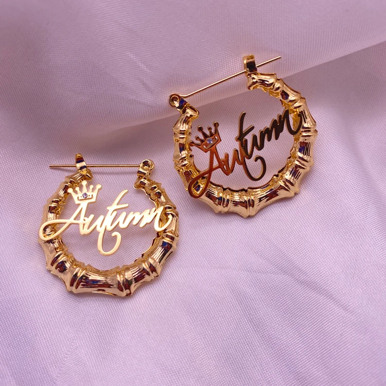 Princess Crown Nameplate Personalized Custom Gold Plated Bamboo Name Earrings Kids Gift