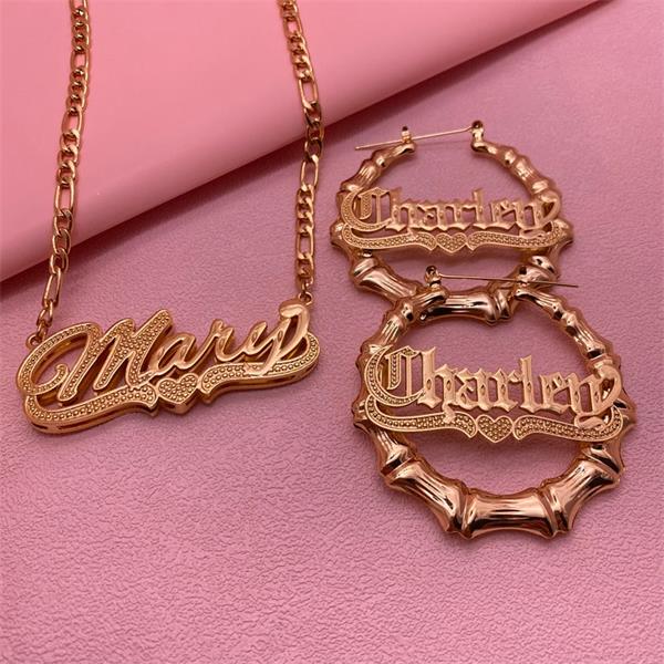 Gold Plated Personalized Name Necklace Old English Nameplate Bamboo Earrings Set-silviax