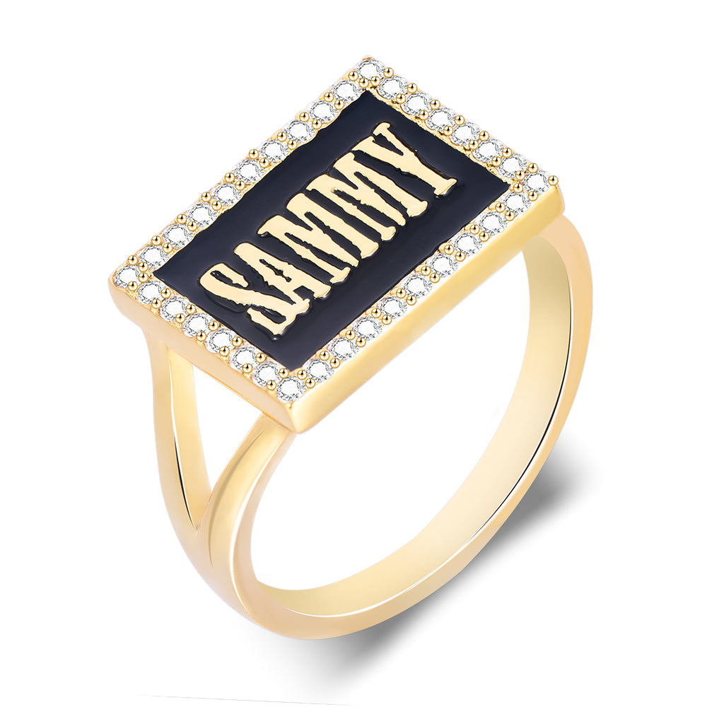 Personalized CZ Rectangle Black Enamel Name Signet Ring-silviax