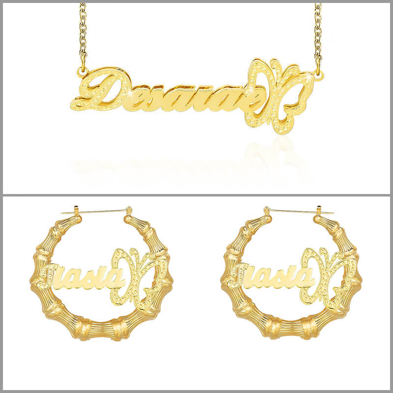 Butterfly Personalized Custom Gold Plated Double Layer Name Necklace and Bamboo Hoop Name Earrings Set-silviax