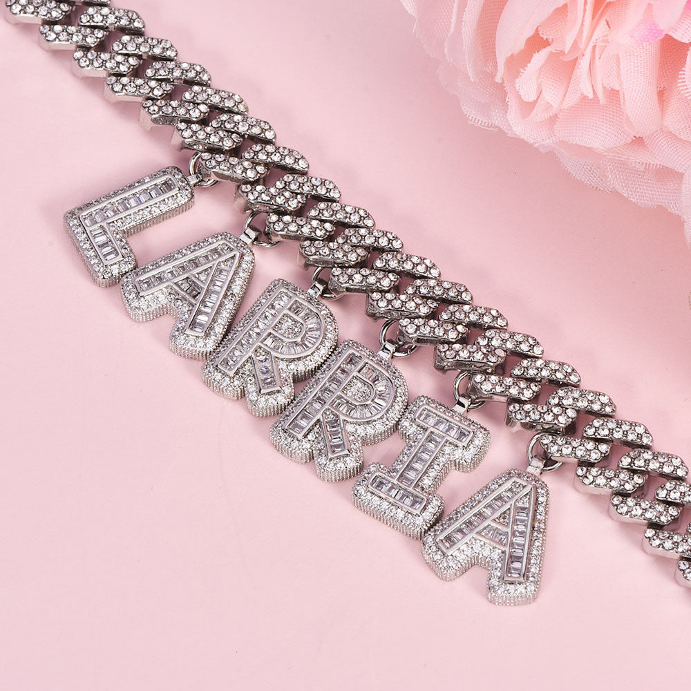 Iced Out Cubic Zirconia Capital Letter Cuban Chain Bracelets-silviax