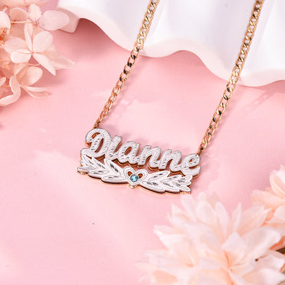 Double Layer Two Tone Wing Heart Nameplate with Birthstone Personalized Custom Gold Plated Name Necklace-silviax