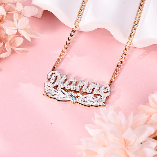 Double Layer Two Tone Wing Heart Nameplate with Birthstone Personalized Custom Gold Plated Name Necklace-silviax