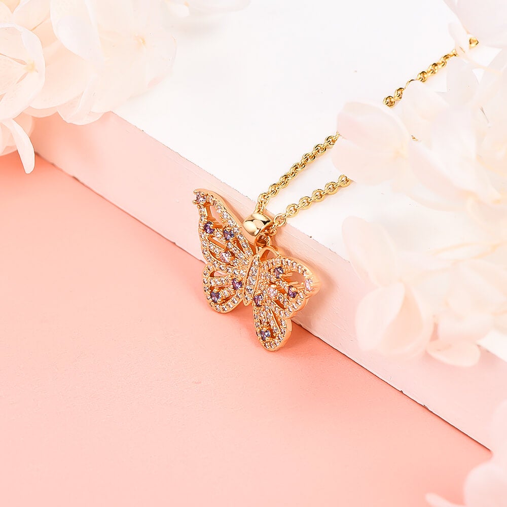 Hollow Butterfly Pendant Inlay Zircon Gold Plated Necklace-silviax