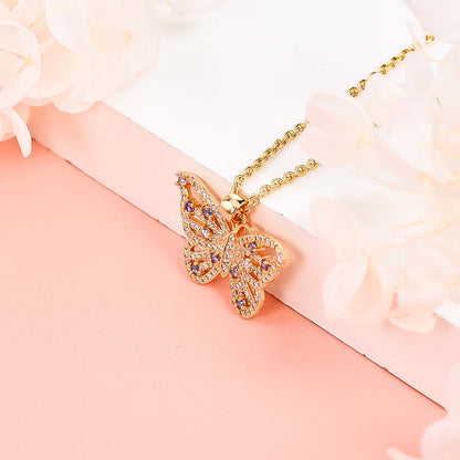 Hollow Butterfly Pendant Inlay Zircon Gold Plated Necklace-silviax