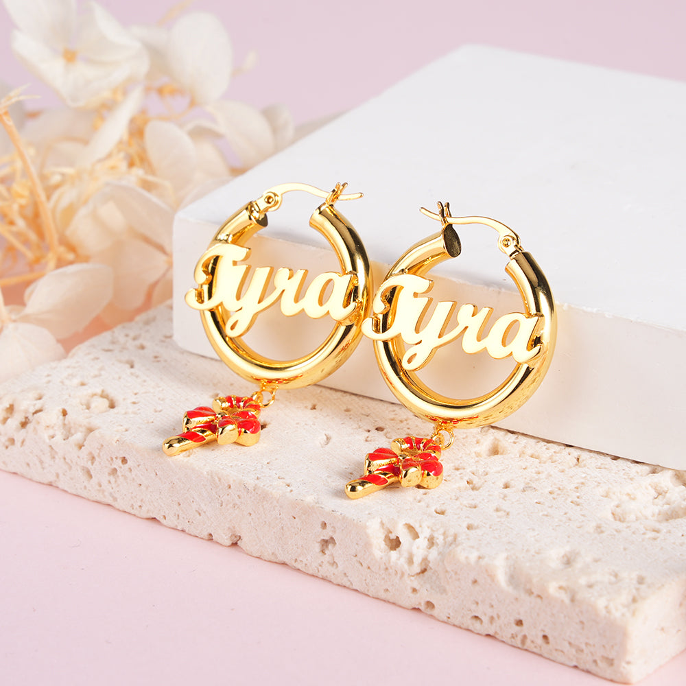 30mm Personalized Gold Plated Hoop Name Earrings with Candy Cane