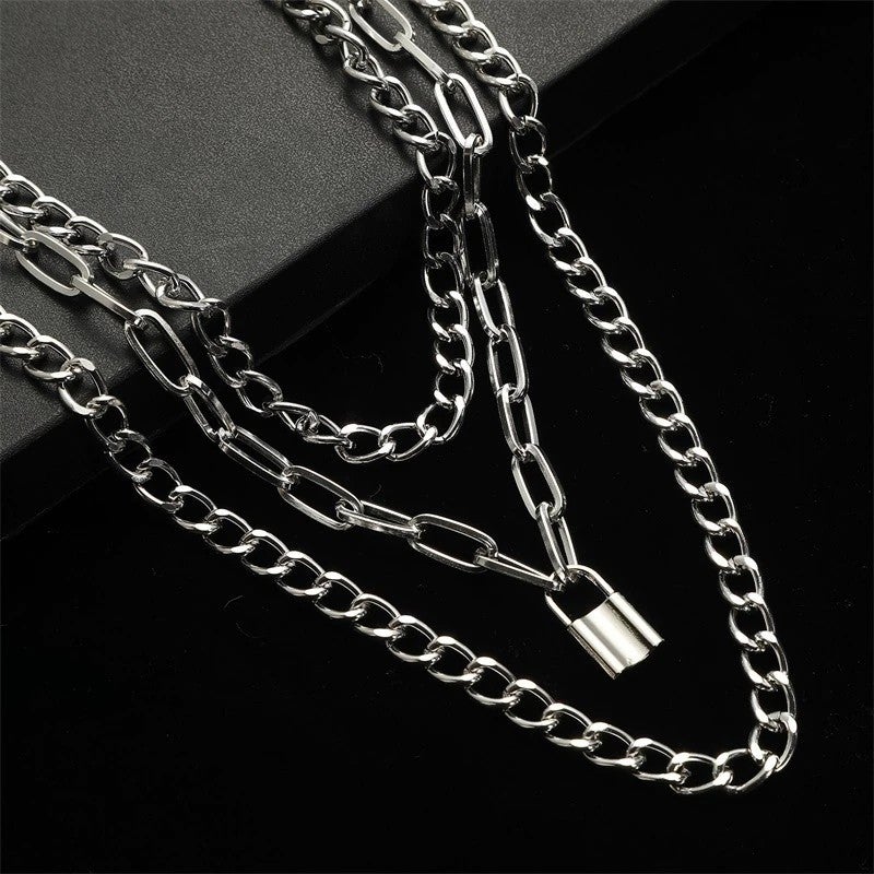 Layered Chain Lock Pendant White Gold Plated Necklace Punk Goth Choker Jewelry-silviax