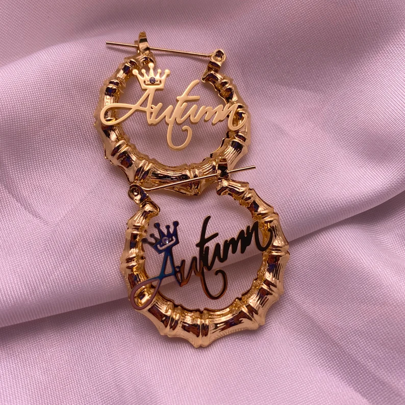 Princess Crown Nameplate Personalized Custom Gold Plated Bamboo Name Earrings Kids Gift