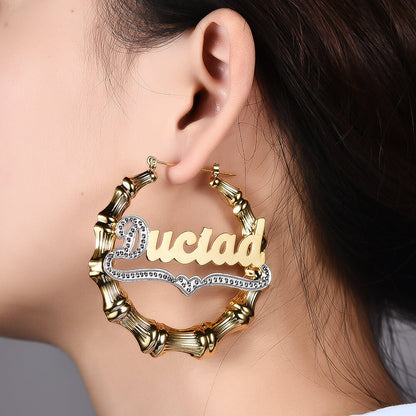 Gold Plated Personalized Bamboo Two Tone Name Earrings