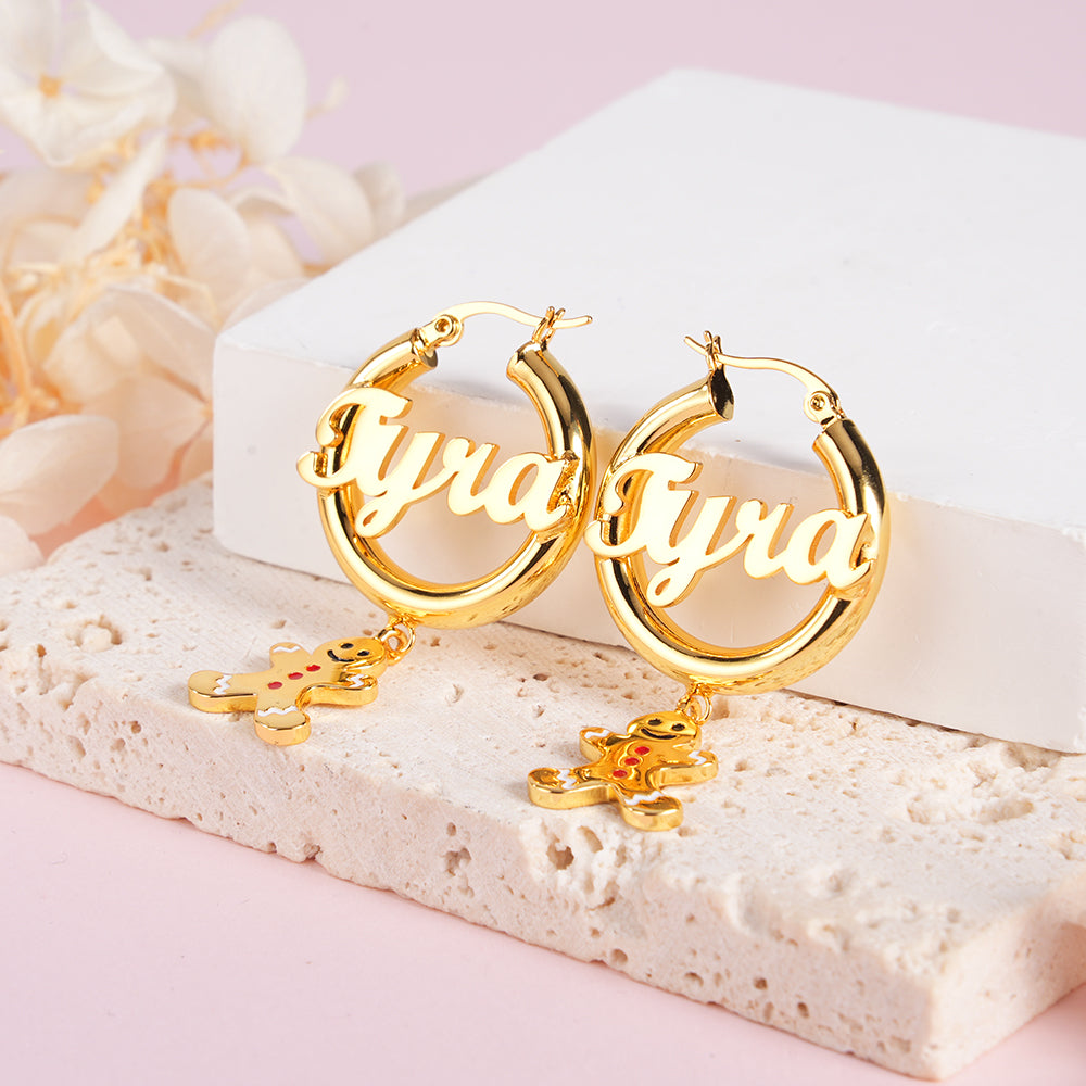 Personalized Christmas Earrings 30mm Gingerbread Man Gold Plated Hoop Name Earrings