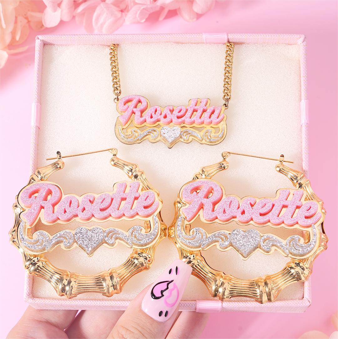 Pink Acrylic Personalized Heart Name Necklace and Bamboo Earrings Set