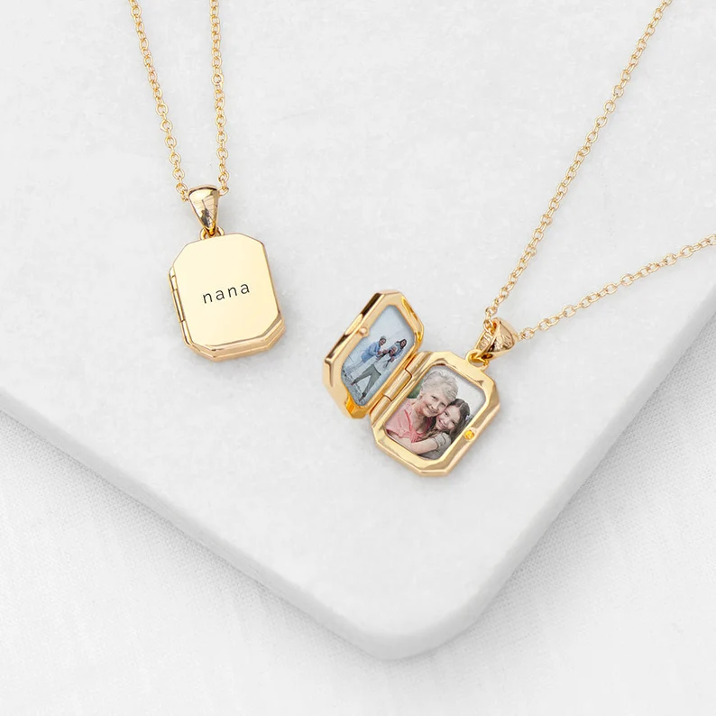 Personalized Gold Plated Rectangular Photo Locket Custom Photo Name &amp; Date Necklace Anniversary Gift-silviax