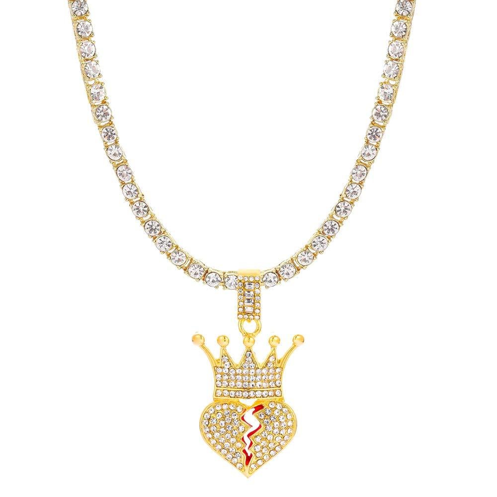 Bling Iced Out Broken Heart Pendant Necklace Tennis Chains Gold Plated-silviax