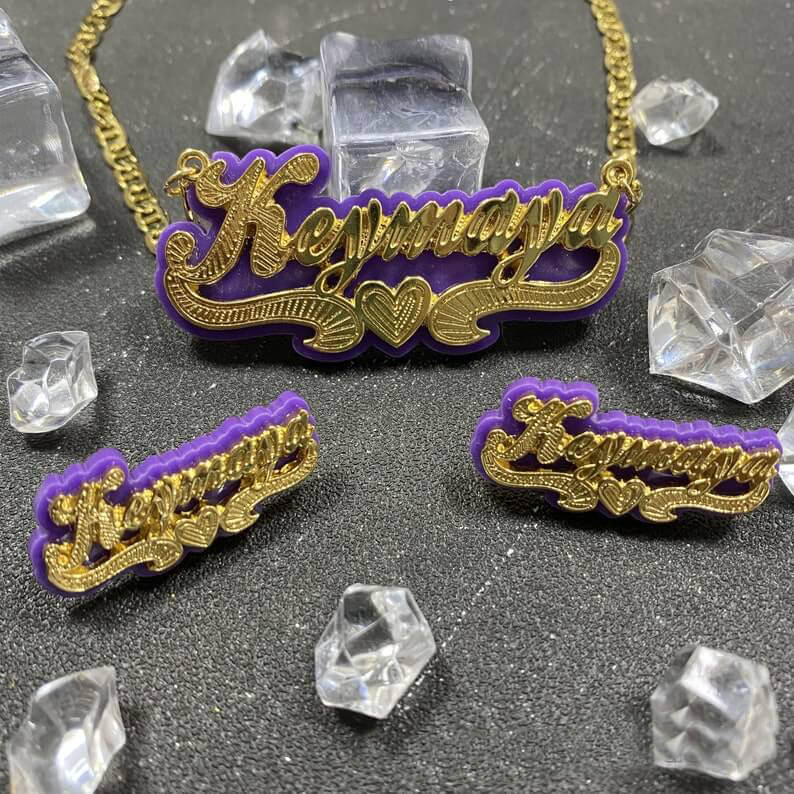 Purple Acrylic with Heart Double Layer Personalized Custom Gold Plated Name Necklace And Name Stud Earring Set