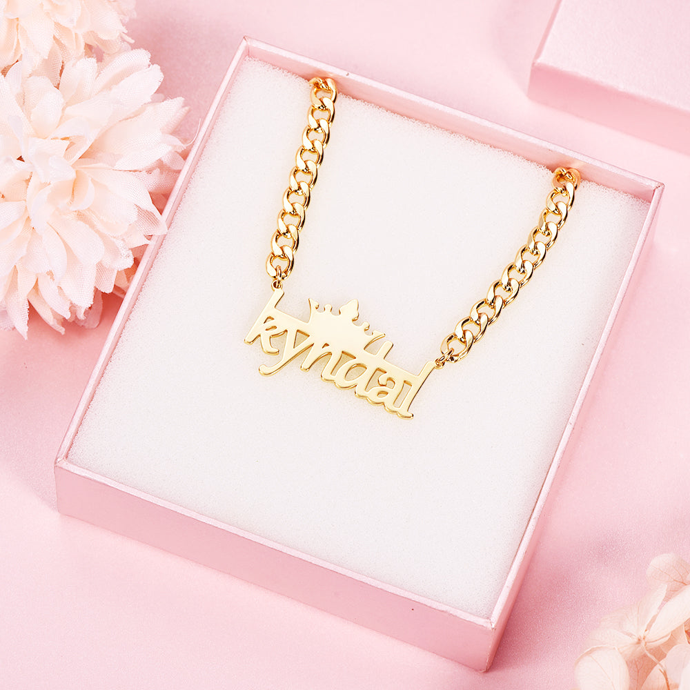 Crown And Horizontal Line With Cuban Chain Personalized Custom Gold Plated Name Necklace-silviax