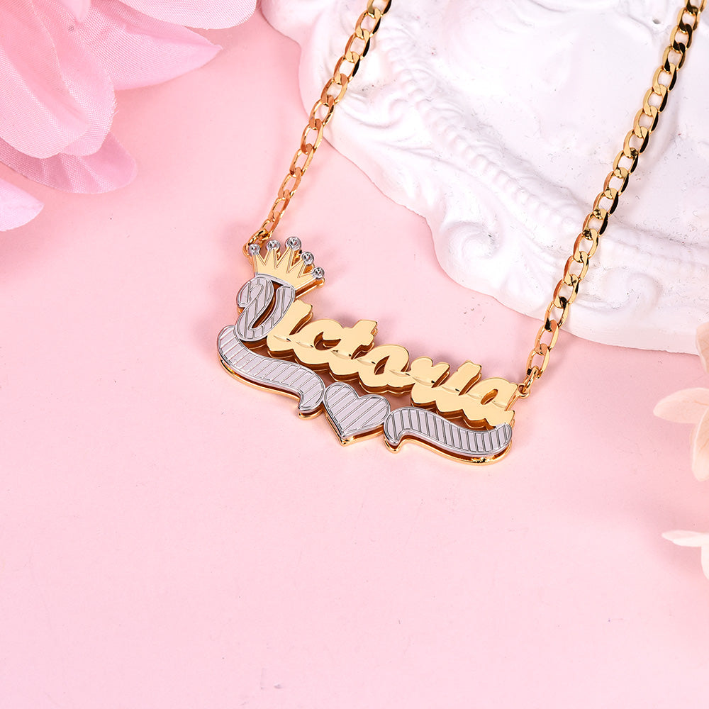 Double Layer Two Tone Nameplate Crown Heart Personalized Custom Gold Plated Name Necklace-silviax