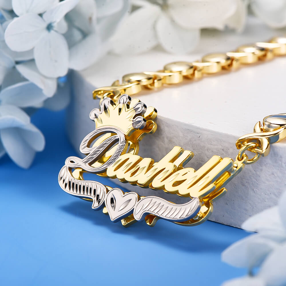 Double Layer Two Tone Nameplate with XOXO Chain and Crown Gold Plated Personalized Custom Name Necklace