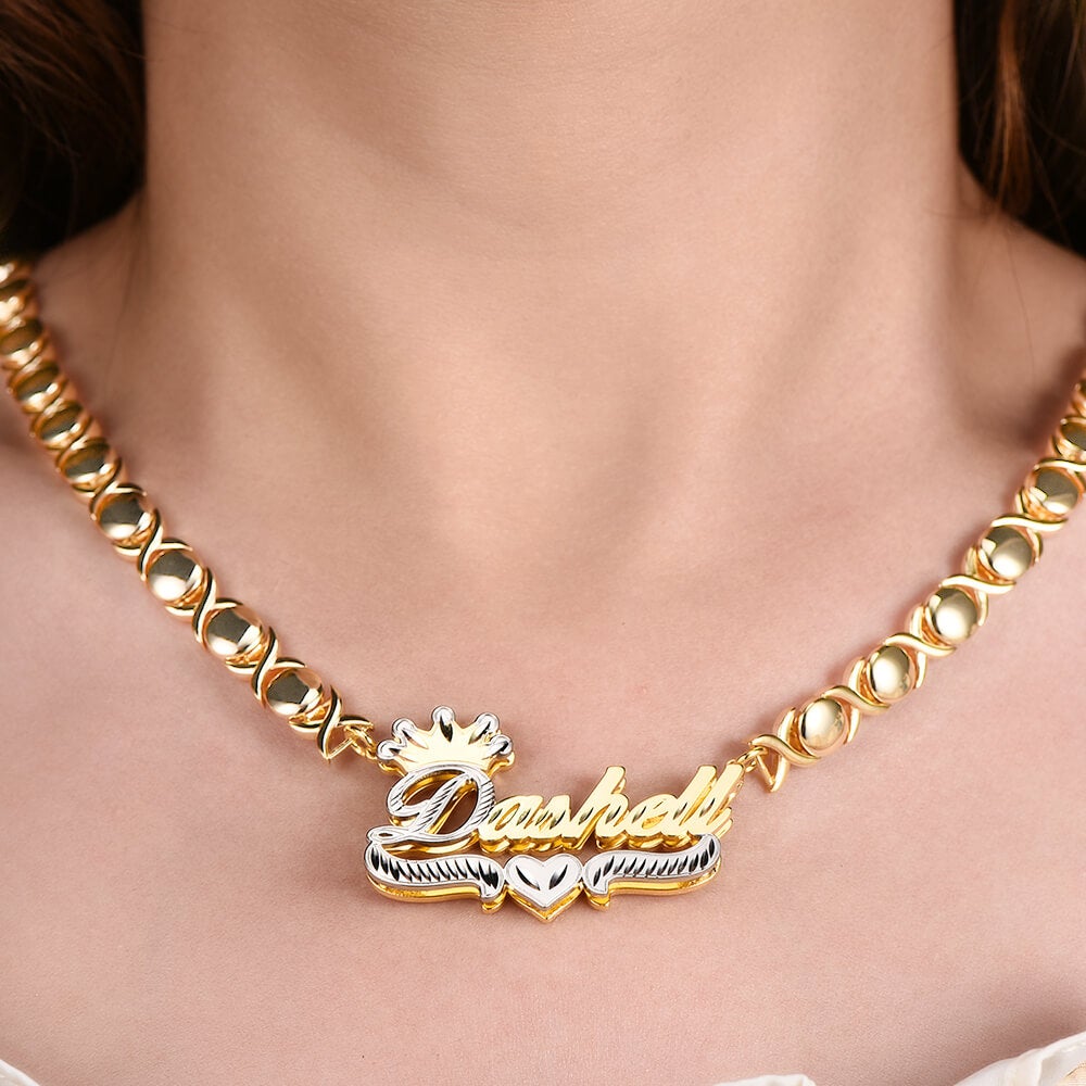 Double Layer Two Tone Nameplate with XOXO Chain and Crown Gold Plated Personalized Custom Name Necklace-silviax