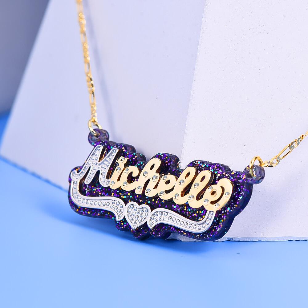 Double Layer Purple Acrylic Two Tone Heart Personalized Custom Gold Plated Name Necklace-silviax