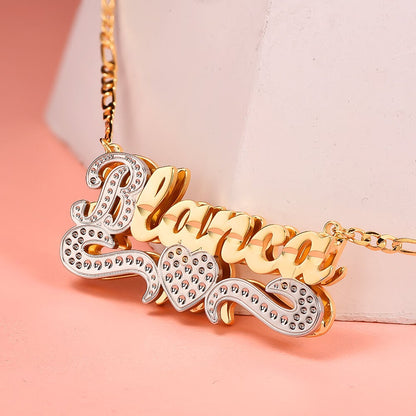 Double Layer Two Tone Nameplate Heart Personalized Custom Gold Plated Name Necklace-silviax