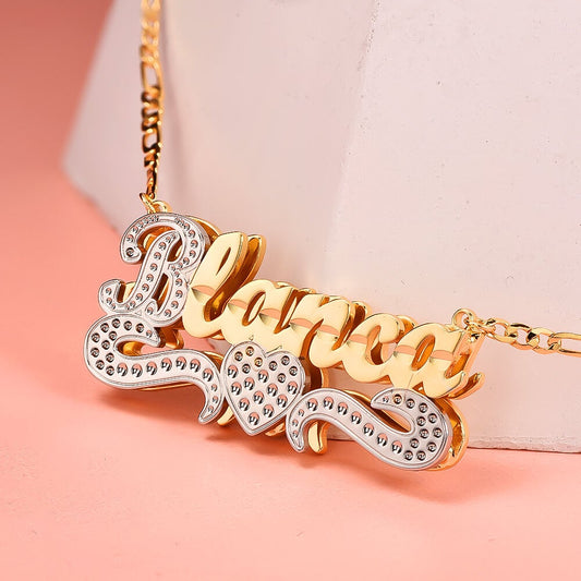 Double Layer Two Tone Nameplate Heart Personalized Custom Gold Plated Name Necklace-silviax