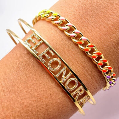 Inlaid Zircon Cuff Bangle Personalized Custom Gold Plated Name Bracelet