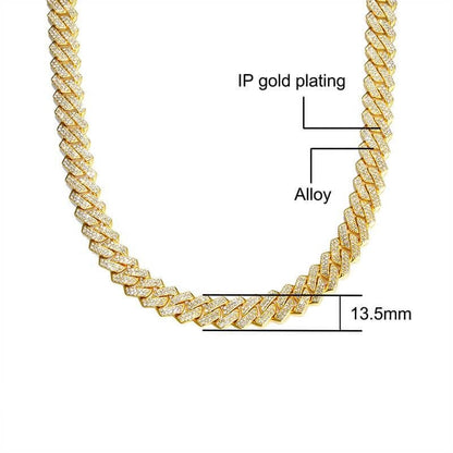 13.5mm Cuban Chain 2 Row Iced Out Bling Rhinestone Zircon Pave Gold Plated Necklace-silviax