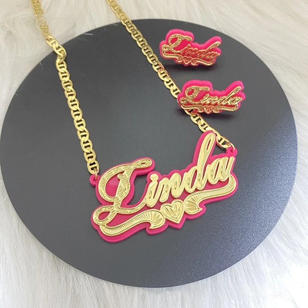 Pink Acrylic with Heart Personalized Custom Gold Plated Name Necklace And Name Stud Earring Set-silviax