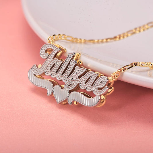 Double Layer Two Tone with Heart Gold Plated Custom 3D Name Necklace-silviax